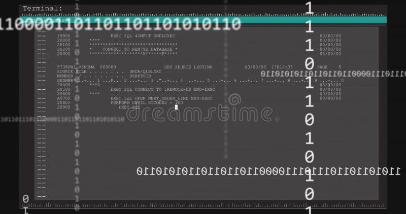 Animation of binary code and database commands on screen with technical interface. Technology, coding, programming, digital, software, cyber. Database code programming video