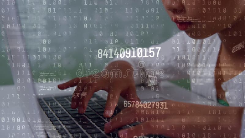 Animation of binary code over asian boy using laptop stock video footage