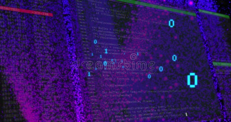 Animation of binary coding and computer data processing over dark background. Global finance, business, connections, computing and data processing concept digitally generated video. Binary coding data processing video