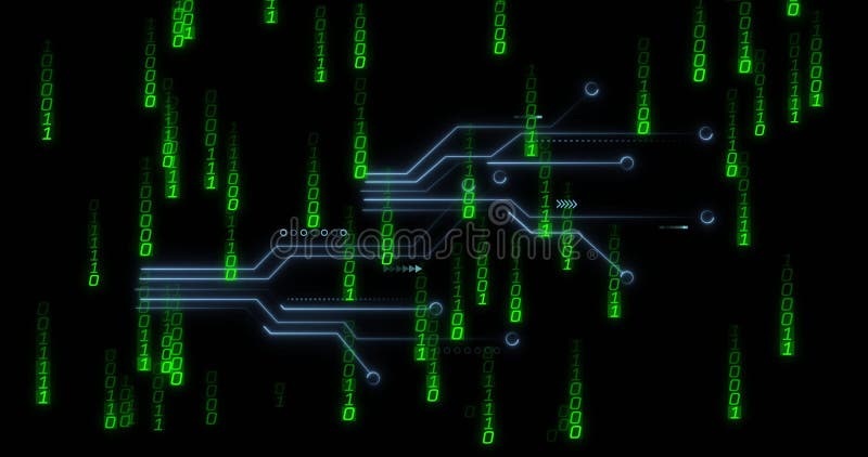 Animation of binary coding and data processing on black background. Global data processing, digital interface and computing concept digitally generated video. Binary coding data processing video