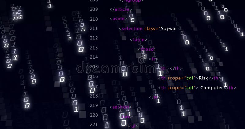 Animation of binary coding and data processing on black background. Global data processing, digital interface and computing concept digitally generated video. Binary coding data processing video
