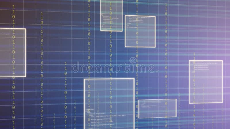 Animation of binary coding and data processing on blue background. Technology, business and digital interface concept digitally generated video. Binary coding data processing video