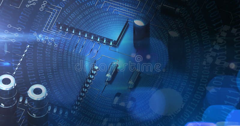Animation of binary coding and data processing on computer circuit board. global connections, digital interface and security concept digitally generated video. Binary coding data processing video