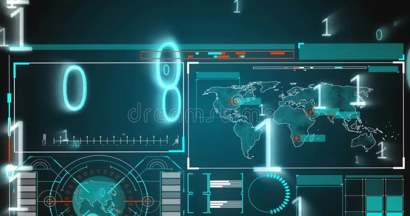 Animation of binary coding and data processing over computer screen. Global connections, computing and data processing concept digitally generated video. Binary coding data processing video