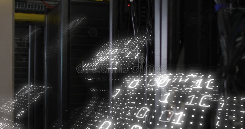 Animation of binary coding and data processing over computer servers. Global business, finances, computing and data processing concept digitally generated video. Binary coding data processing video