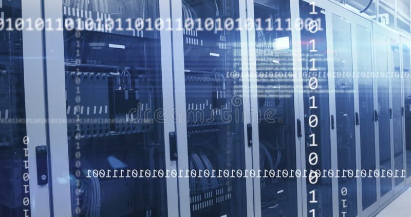 Animation of binary coding and data processing over computer servers. Global digital interface, computing and data processing concept digitally generated video. Binary coding data processing video