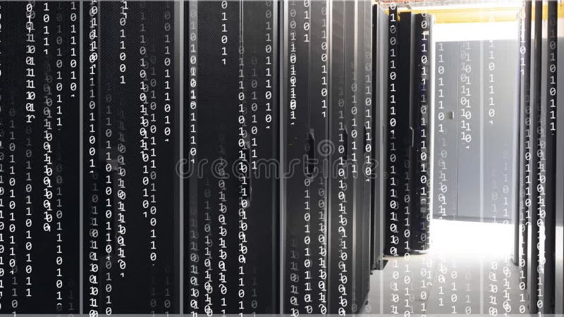 Animation of binary coding and data processing over computer servers. Global connections, digital interface, data processing and computing concept digitally generated video. Binary coding data processing video