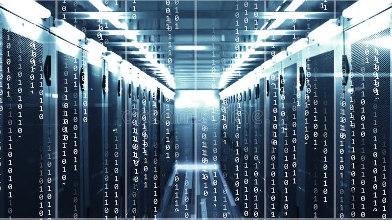 Animation of binary coding and data processing over computer servers. Global connections, digital interface, data processing and computing concept digitally generated video. Binary coding data processing video