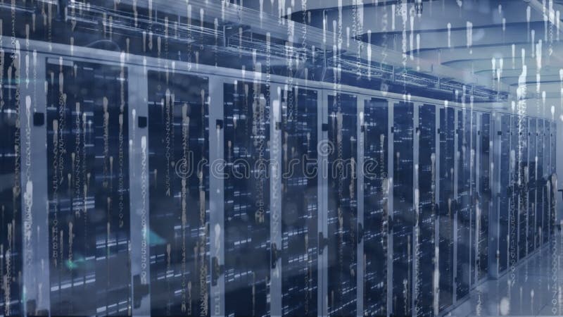 Animation of binary coding and data processing over computer servers. Global networks, cloud computing and data processing concept digitally generated video. Binary coding data processing video