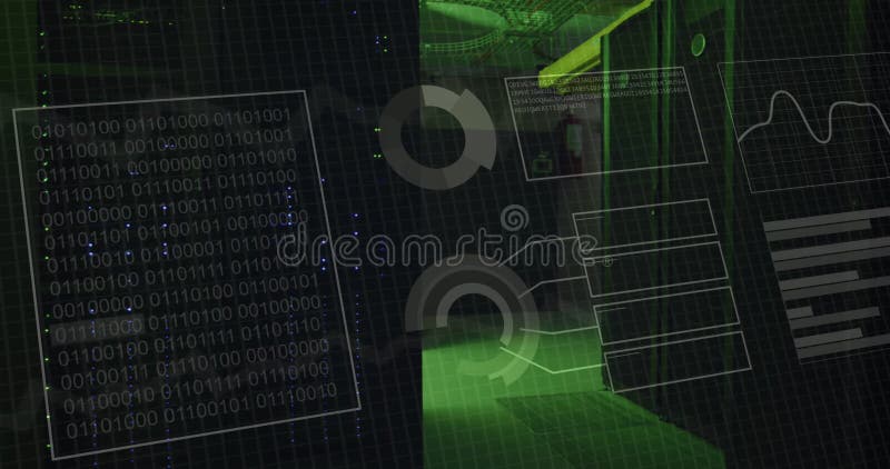 Animation of binary coding and data processing over computer servers. Global computing, digital interface and data processing concept digitally generated video. Binary coding data processing video