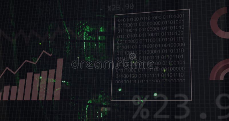 Animation of binary coding and data processing over computer servers. Global computing, digital interface and data processing concept digitally generated video. Binary coding data processing video