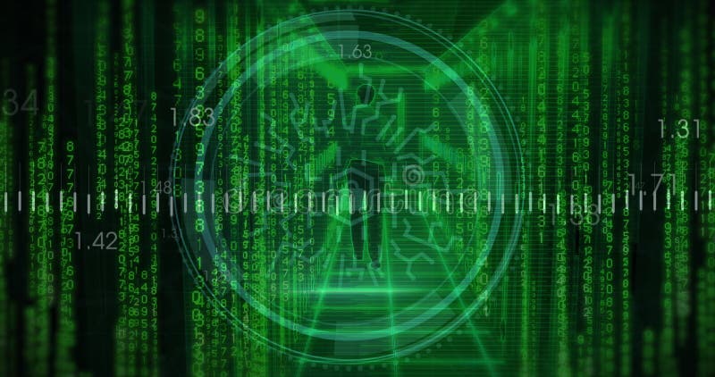 Animation of binary coding and data processing over computer servers. Global computing, digital interface and data processing concept digitally generated video. Binary coding data processing video