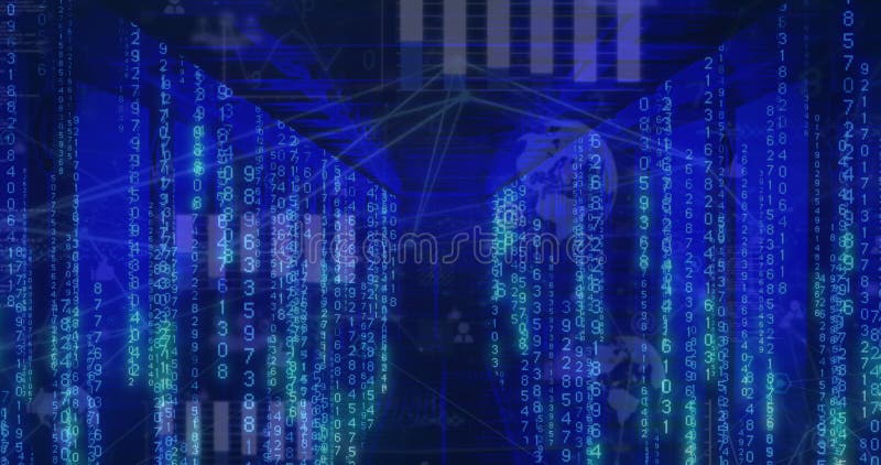 Animation of binary coding and data processing over computer servers. Global computing, digital interface and data processing concept digitally generated video. Binary coding data processing video