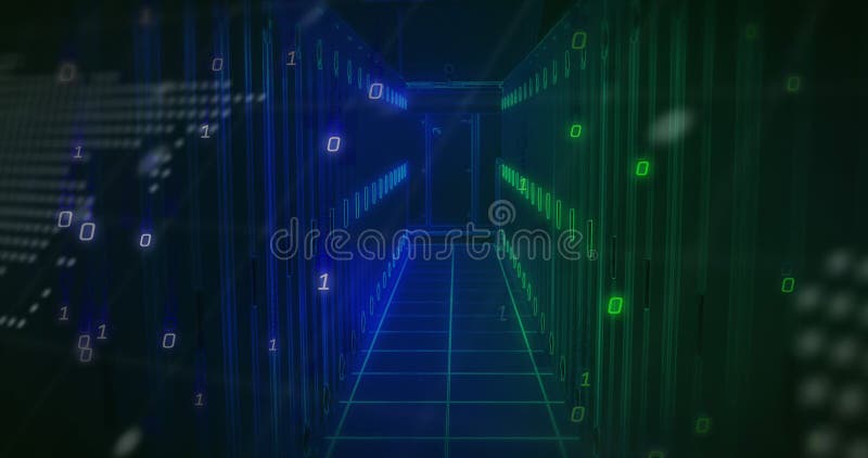 Animation of binary coding and data processing over computer servers. Global computing, connections, digital interface, computing and data processing concept digitally generated video. Binary coding data processing video