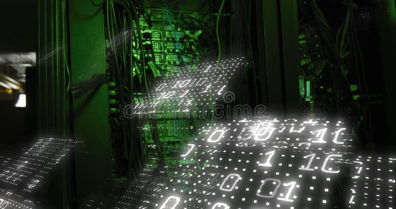 Animation of binary coding and data processing over computer servers. Global computing, connections, digital interface and data processing concept digitally generated video. Binary coding data processing video