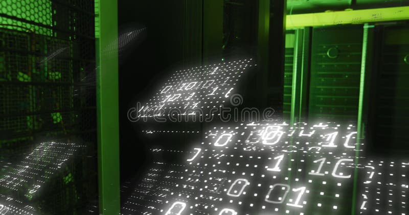 Animation of binary coding and data processing over computer servers. Global computing, connections, digital interface and data processing concept digitally generated video. Binary coding data processing video