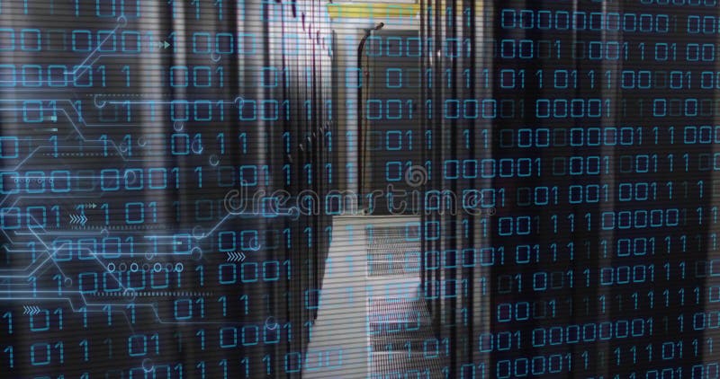 Animation of binary coding and data processing over computer servers. Global connections, computing and data processing concept digitally generated video. Binary coding data processing video