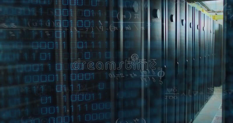 Animation of binary coding and data processing over computer servers. Global connections, computing and data processing concept digitally generated video. Binary coding data processing video