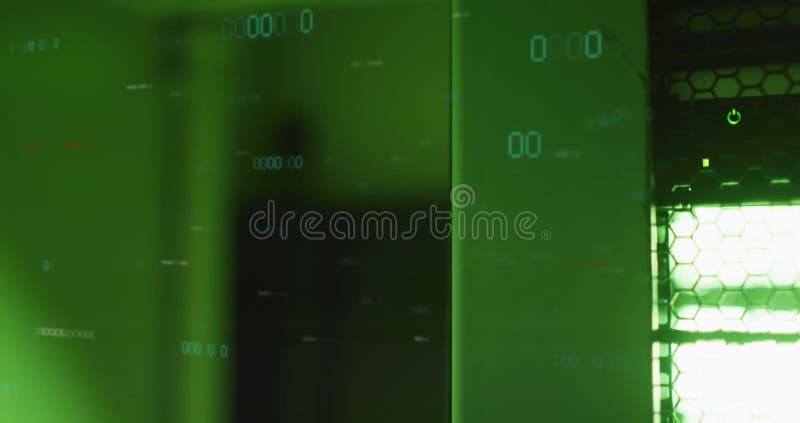 Animation of binary coding data processing over computer servers. Global business, finances, computing and data processing concept digitally generated video. Binary coding data processing video