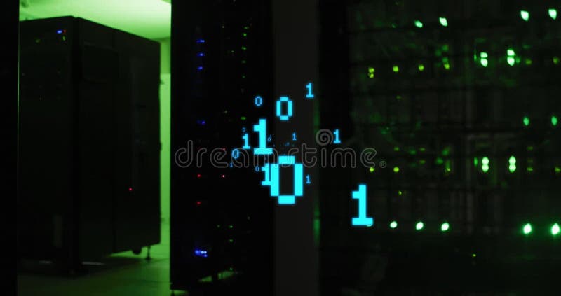 Animation of binary coding data processing over computer servers. Global business, finances, computing and data processing concept digitally generated video. Binary coding data processing video