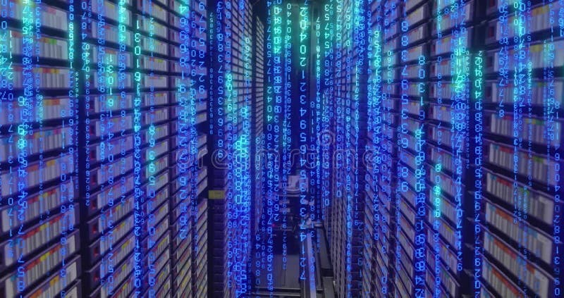 Animation of binary coding data processing over computer servers. Global connections, digital interface, cloud computing and data processing concept digitally generated video. Binary coding data processing video