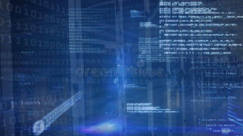 Animation of binary coding data processing over computer servers. Global computing, digital interface and data processing concept digitally generated video. Binary coding data processing video