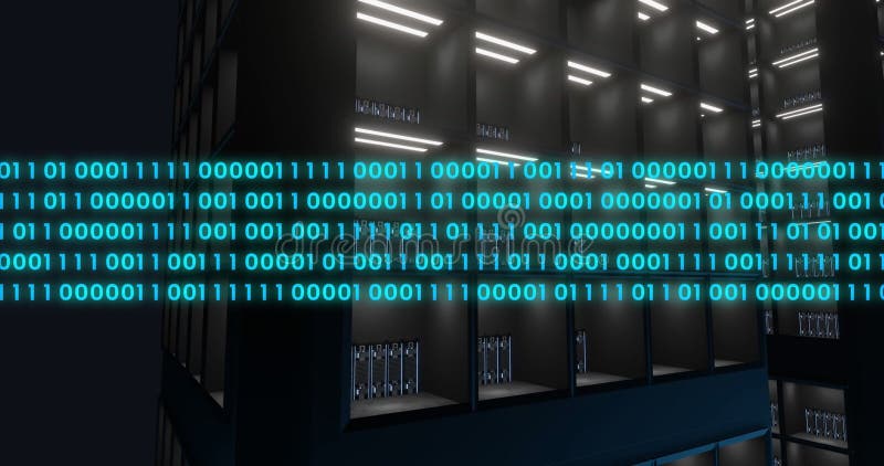 Animation of binary coding data processing over computer servers. Global cloud computing, digital interface and data processing concept digitally generated video. Binary coding data processing video