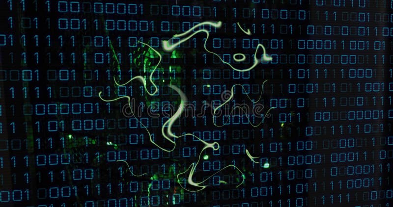 Animation of binary coding data processing over computer servers. Global artificial intelligence, connections, computing and data processing concept digitally generated video. Binary coding data processing video