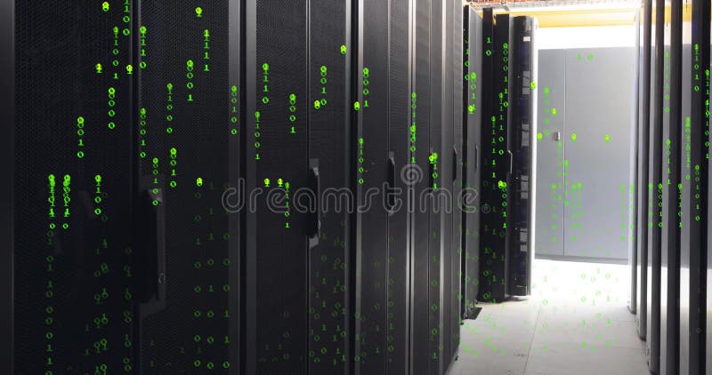 Animation of binary coding data processing over computer servers. Global finance, business, connections, computing and data processing concept digitally generated video. Binary coding data processing video