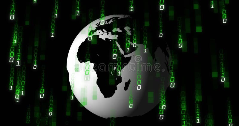 Animation of binary coding data processing over globe. Global computing, digital interface and data processing concept digitally generated video. Binary coding data processing video