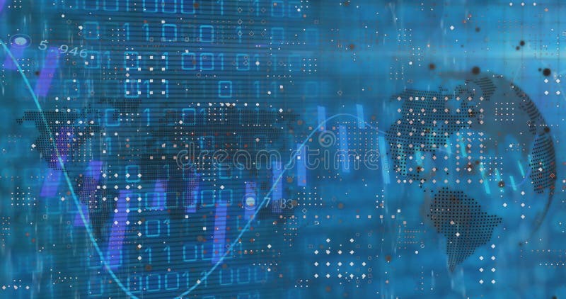 Animation of binary coding, data processing over globe. Global computing, digital interface and data processing concept digitally generated video. Binary coding data processing video