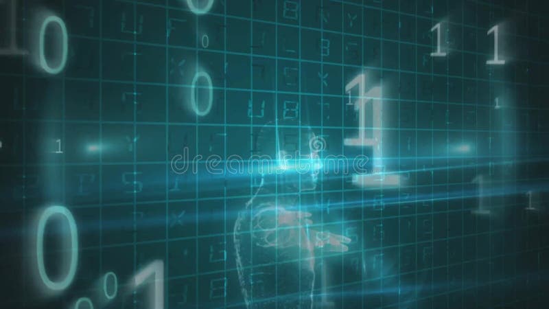 Animation of binary coding and data processing over grid on dark background. Global finance, business, connections, computing and data processing concept digitally generated video. Binary coding data processing video