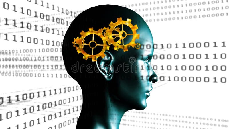 Animation of binary coding data processing over human brain and cogs spinning vector illustration
