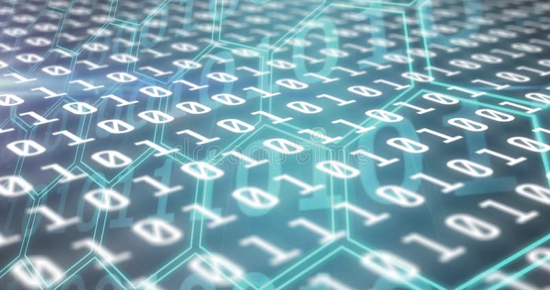 Animation of binary coding data processing over network of hexagons. digital interface, connection and communication concept digitally generated video. Binary coding data processing video