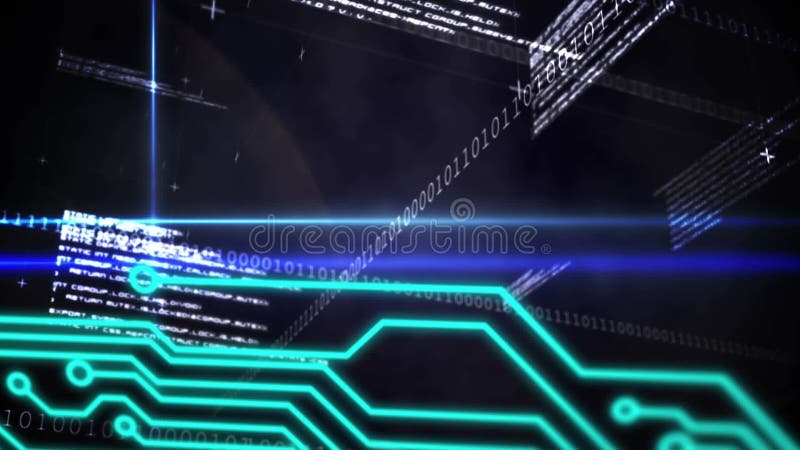 Animation of binary coding, data processing over processor circuit board. global data processing and digital interface concept digitally generated video. Binary coding data processing video
