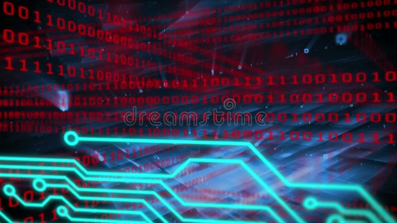 Animation of binary coding, data processing over processor circuit board. global data processing and digital interface concept digitally generated video. Binary coding data processing video