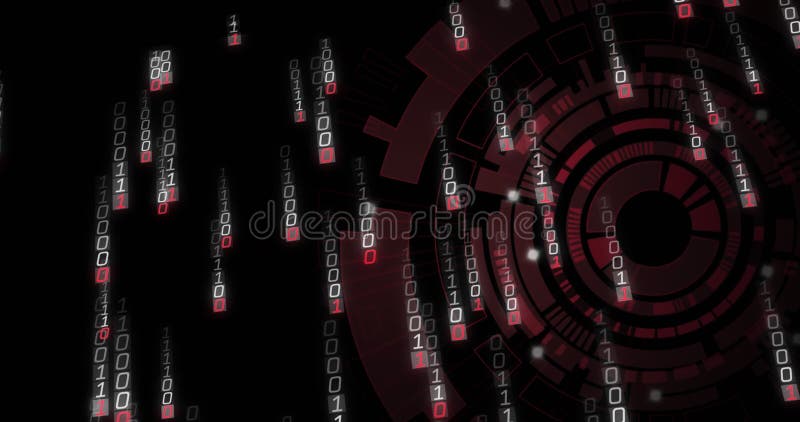 Animation of binary coding and data processing over scope. Global computing, digital interface and data processing concept digitally generated video. Binary coding data processing video