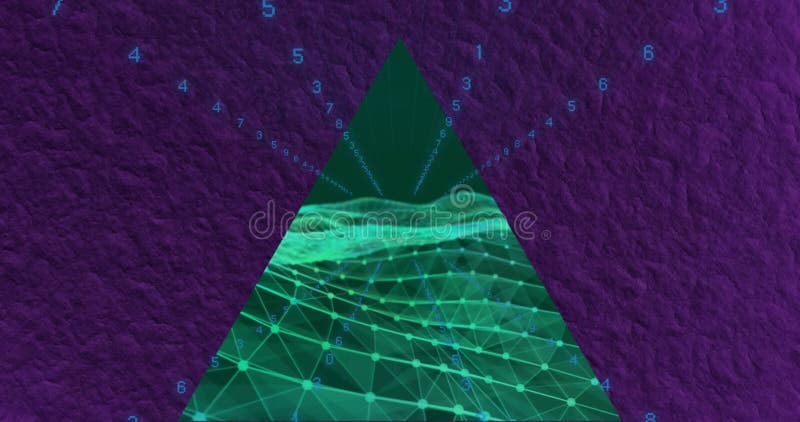Animation of binary coding and data processing over triangle. Global connections, digital interface, communication, computing and data processing concept digitally generated video. Binary coding data processing video
