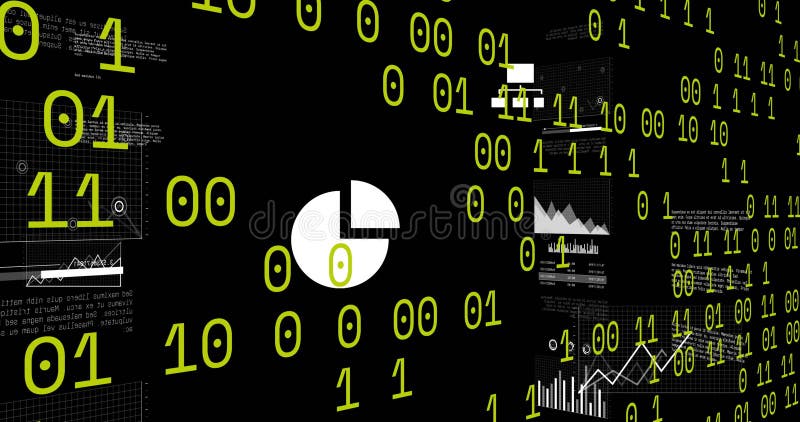 Animation of binary coding data processing and statistics over black background. Global business, finance, computing and data processing concept digitally generated video. Binary coding data processing video