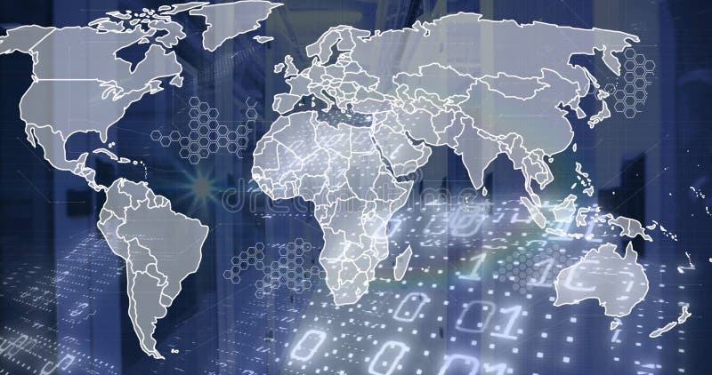 Animation of binary coding data processing and world map over computer servers stock footage