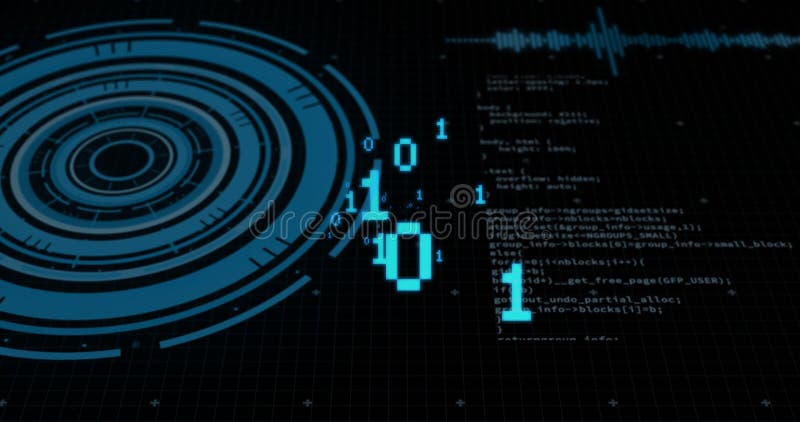 Animation of binary coding and digital data processing on black background. Global connections, computing and data processing concept digitally generated video. Binary coding data processing video
