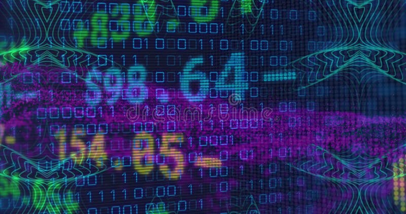 Animation of binary coding and financial data processing. Global computing, transfer and data processing concept digitally generated video. Binary coding data processing video