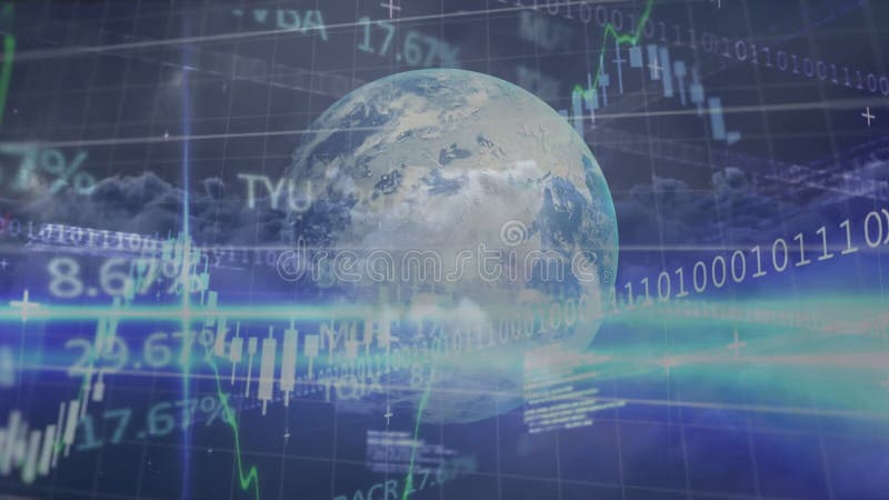 Animation of binary coding, statistics and data processing over globe. Global business, finances, computing and data processing concept digitally generated video. Binary coding data processing video