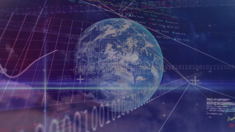 Animation of binary coding, statistics and data processing over globe. Global business, finances, computing and data processing concept digitally generated video. Binary coding data processing video
