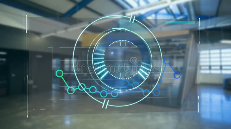 Animation of a blue circle spinning with a graph over an empty office stock illustration