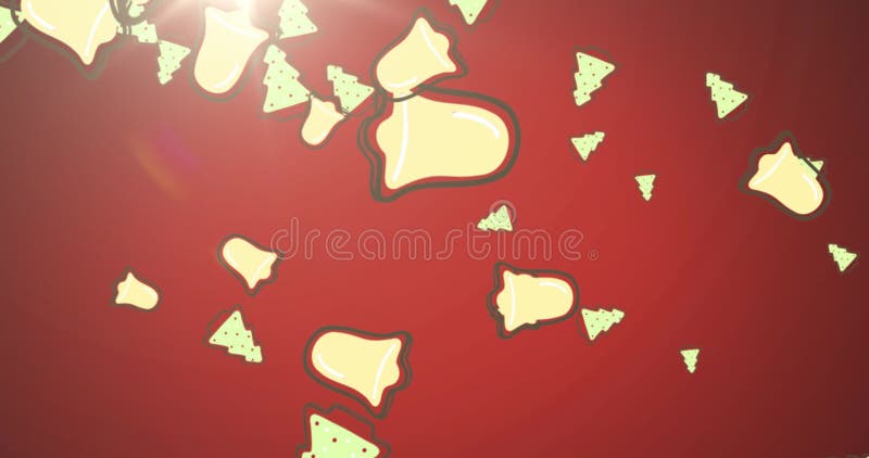 Animation of christmas bell decorations falling with glowing light on red background stock illustration