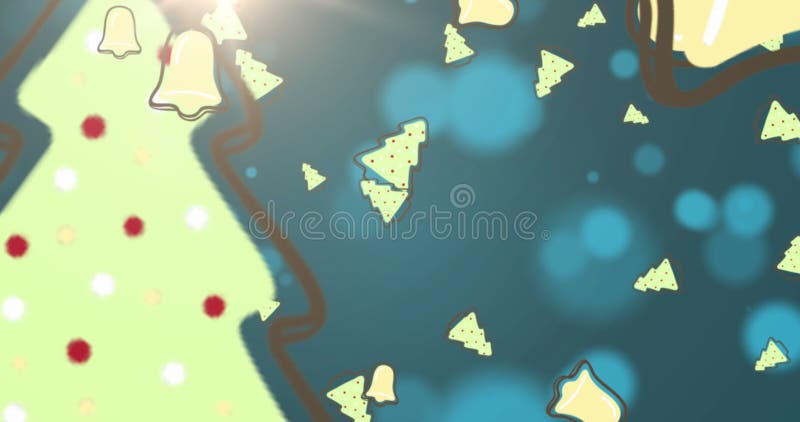 Animation of christmas tree and bell icons over spots of light on blue background with copy space vector illustration