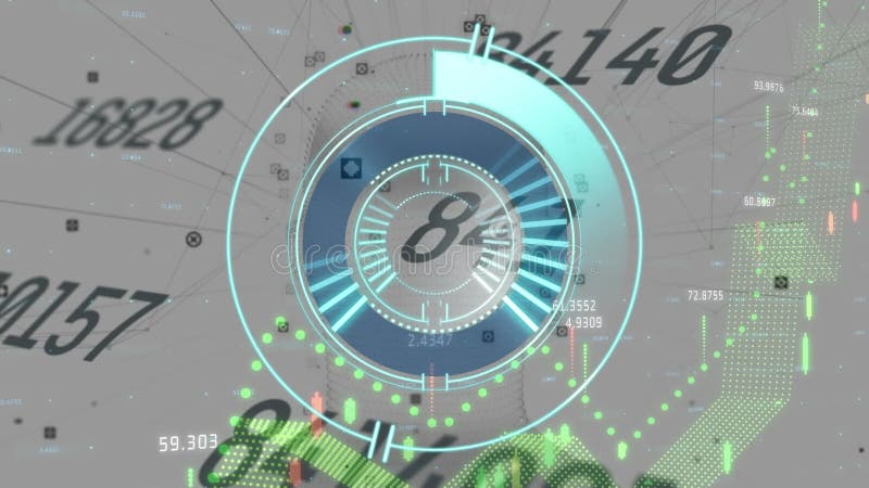 Animation of circular scanner with countdown over graph and data processing on grey stock illustration