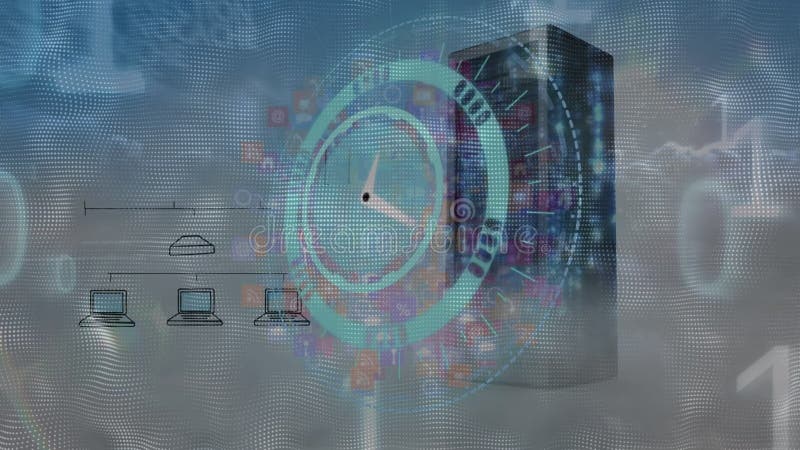 Animation of clock and binary code over server and clouds stock video