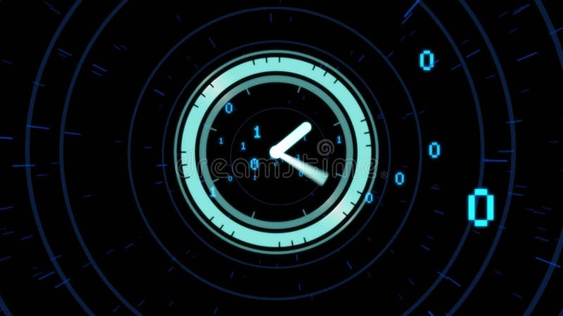 Animation of clock, binary coding and data processing over dark background. Global digital interface, computing and data processing concept digitally generated video. Binary coding data processing video